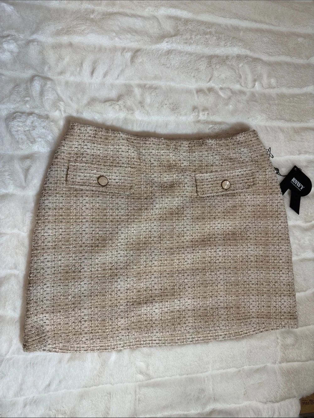 NWT Textured Beige Tweed Mini Skirt with Button Detail